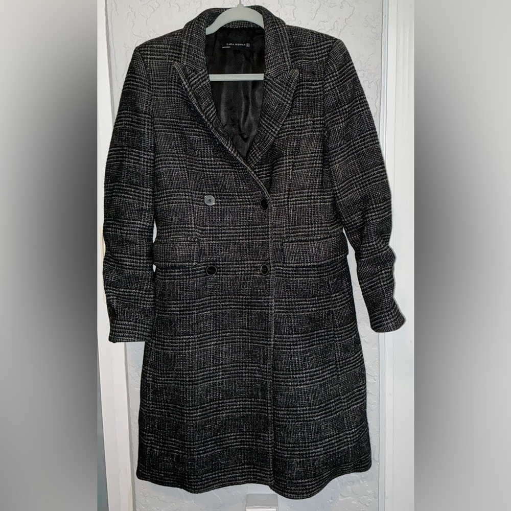 Zara Double-Breasted Plaid Blazer Coat - Black & Gray